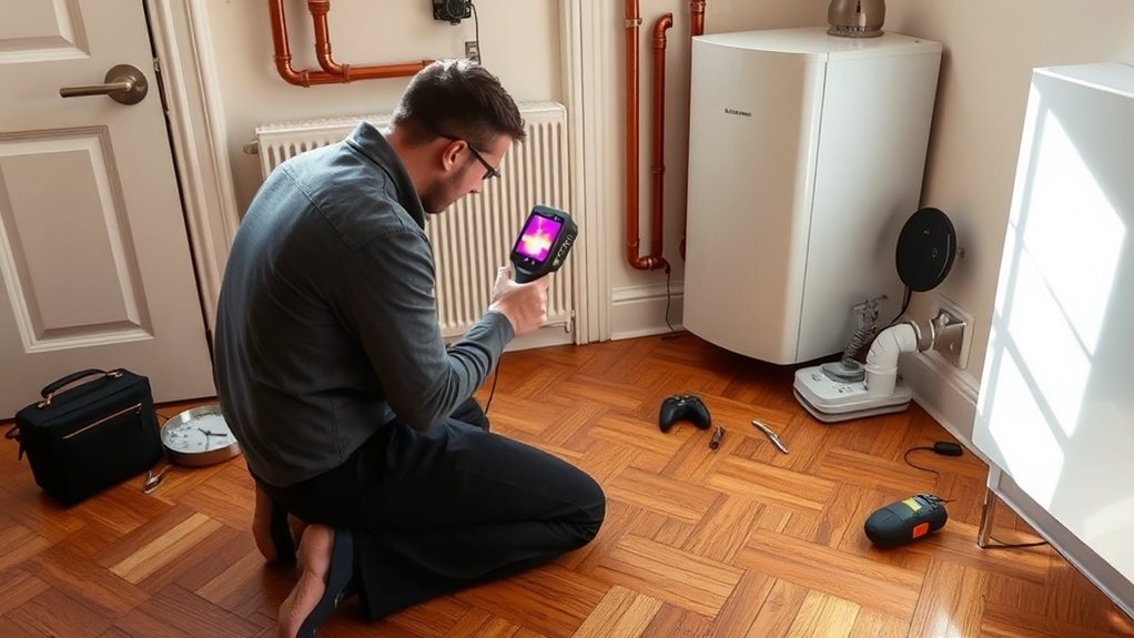 Engineer locating central heating leak using thermal imaging in Worcester Park